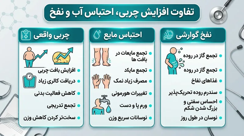 اینفوگرافیک تفاوت چربی واقعی، احتباس آب و نفخ گوارشی