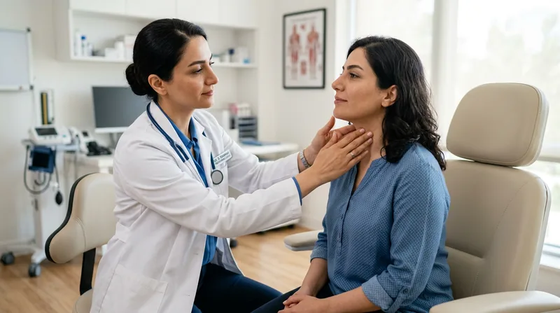 معاینه تیروئید برای بررسی علائم متابولیسم بالا توسط پزشک