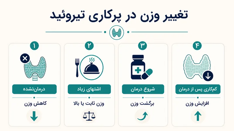 تغییر وزن در پرکاری تیروئید اینفوگرافیک پرکاری تیروئید و چاقی در وضعیتهای مختلف