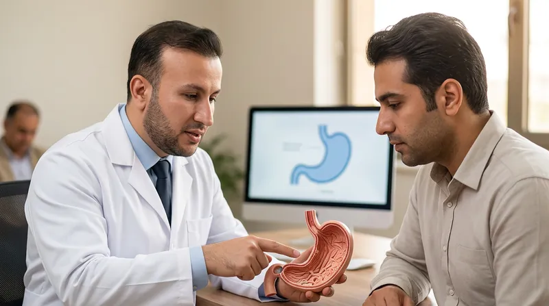 پزشک در حال توضیح آناتومی معده و تفاوت آن با اثر قرص اسلیو معده گیاهی