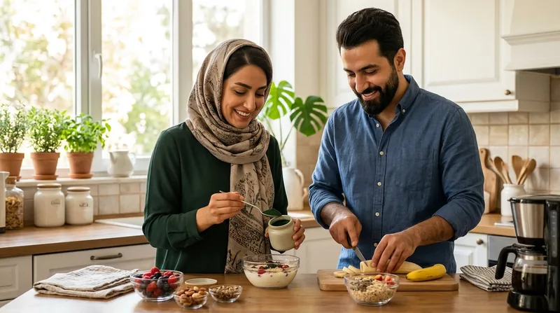 فرد ایرانی در حال افزودن پودر جلبک اسپیرولینا برای لاغری به ماست ساده در آشپزخانه روشن