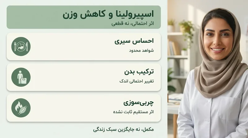 اینفوگرافیک فارسی درباره اثر محدود پودر جلبک اسپیرولینا برای لاغری و نقش احتمالی آن در احساس سیری